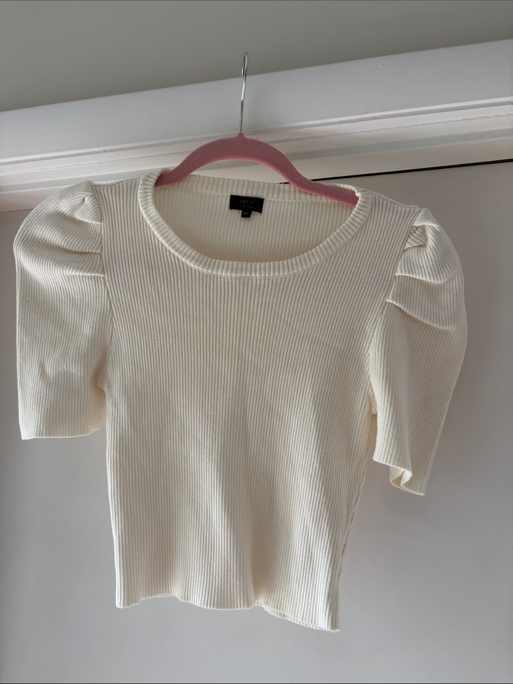 debut Cream Ribbed Puff Sleeve Top